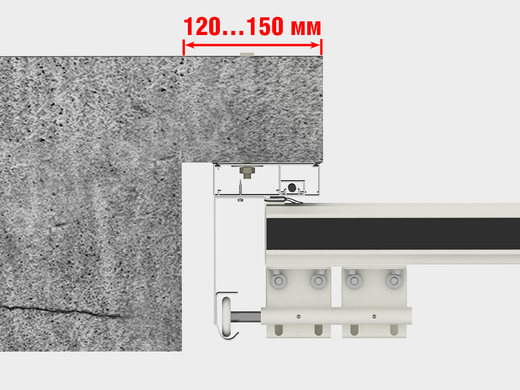 Yopishmontaj: yo'riqnoma tizimi o'rtaning ichki tomonida devorlar va priz tavaniga o'rnatiladi. Devorlar — 120 mm dan, «issiq tutashuv chizig'i» opsiyasi bilan — 150 mm dan.